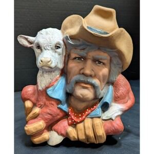 Cowboy Holding Calf Wall Hanging‎ Hand-Painted Ceramic